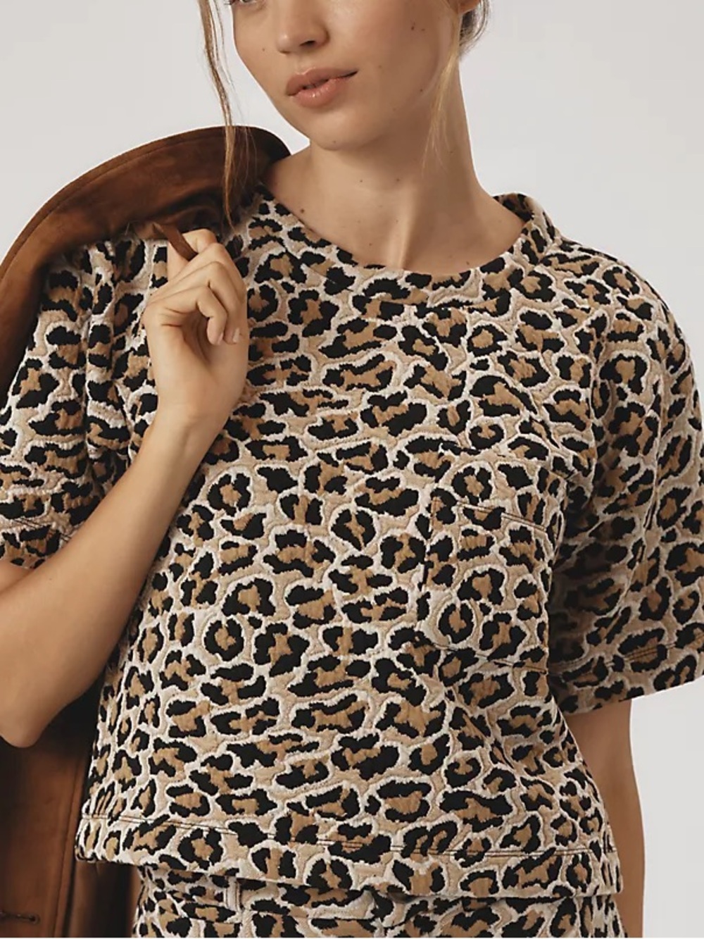 Anthropologie Maeve Leopard Cheetah Textured Knit Boxy Tee Shirt Top M